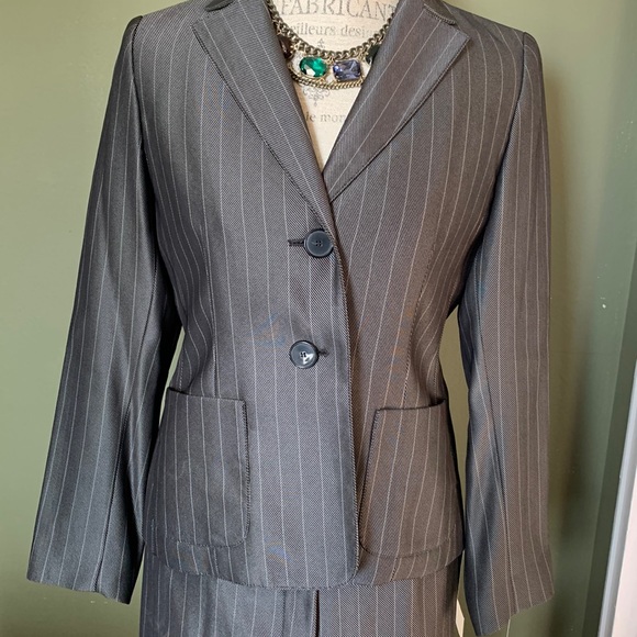 Beautiful pinstripe suit, BNWT, purchased from Macy’s, Size 8P, Color is slate. - Picture 1 of 16